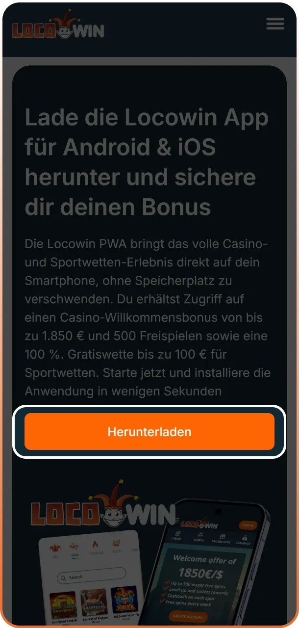 Nutze den offiziellen Link, um den Download der Locowin App zu starten.