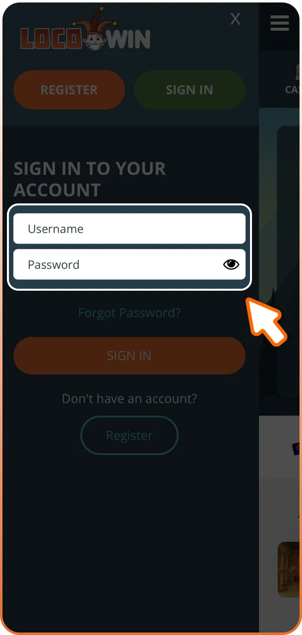 Ingresa tu nombre de usuario y contraseña en el menú de Locowin App.