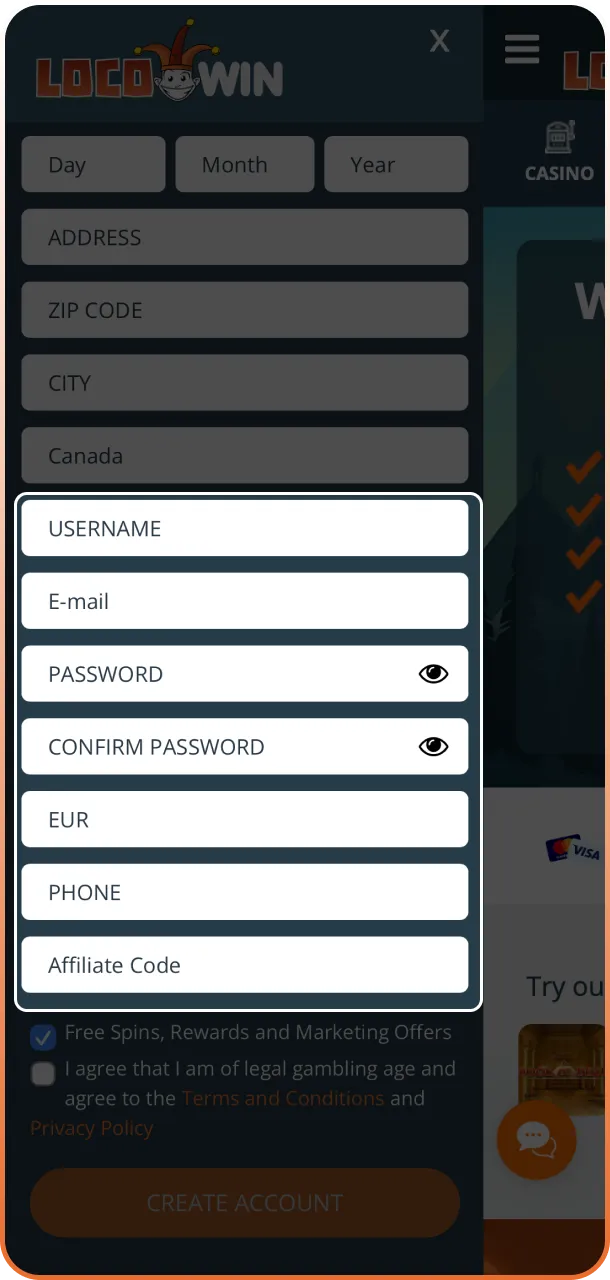 Rellena el formulario con tus datos básicos en la oficial Locowin App.