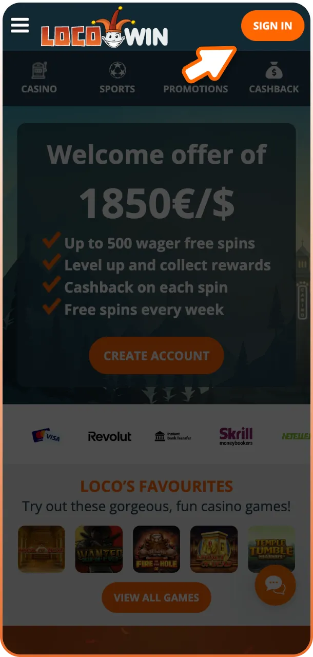 Pulsa el botón de inscripción para iniciar tu registro en la Locowin App.