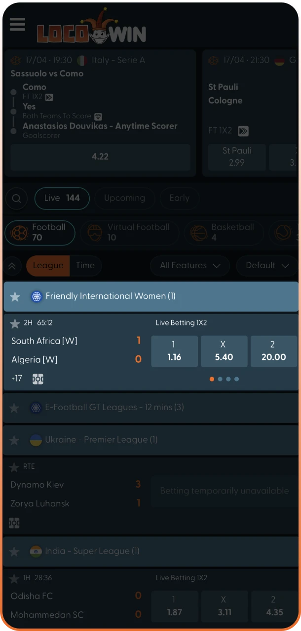 Wähle dein gewünschtes Sportereignis aus dem Menü der Locowin App aus.