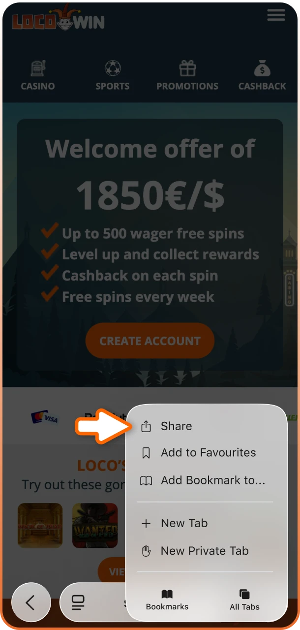 Tippe auf das Teilen-Symbol in deinem Browser, während du die Locowin App nutzt.