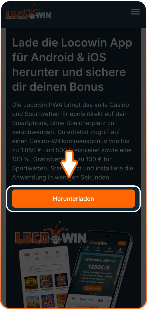 Nutze den bereitgestellten Link, um die Installation der Locowin App für iOS einzuleiten.