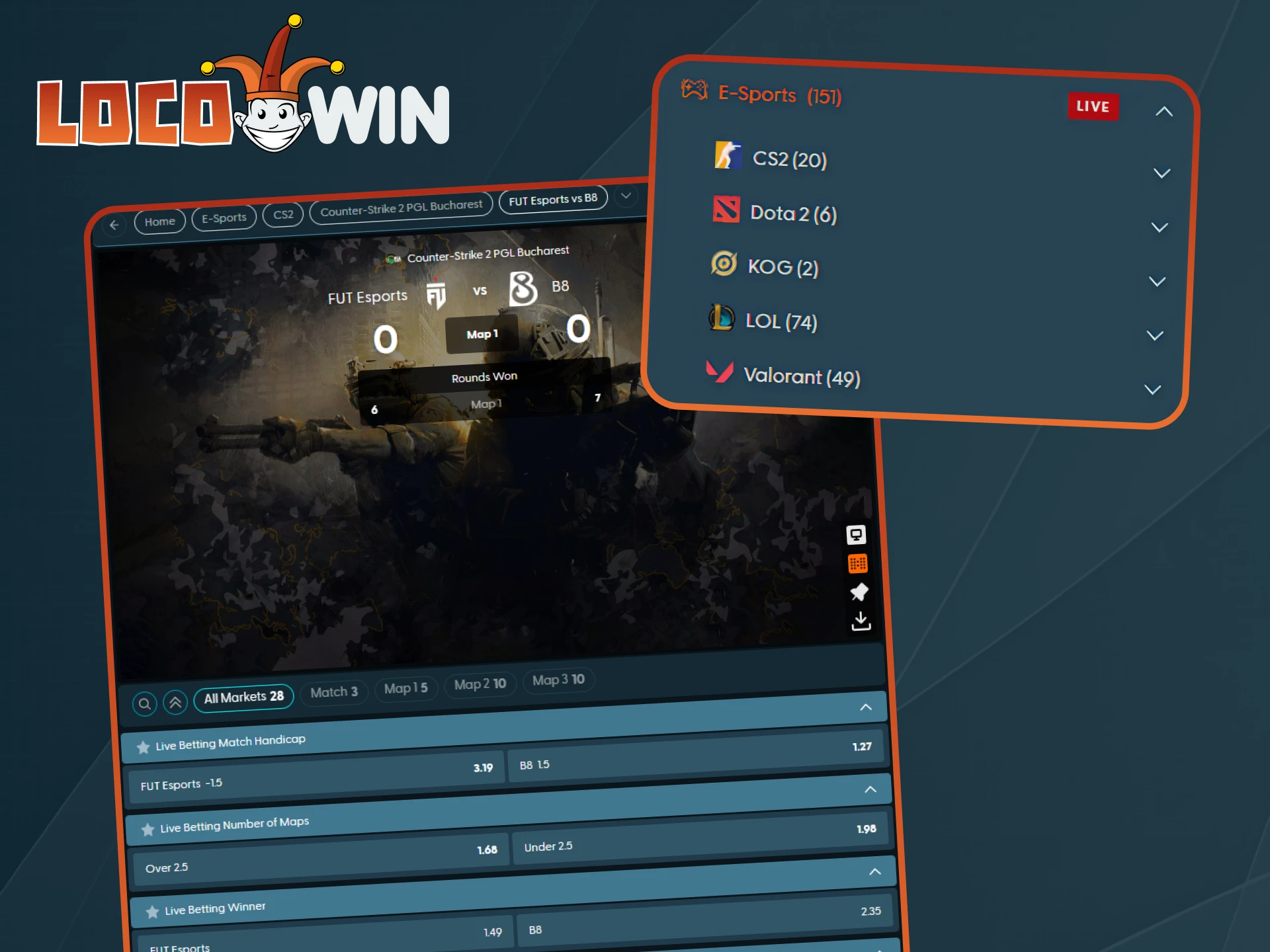 Apuesta en torneos populares de eSports con cuotas competitivas en Locowin.