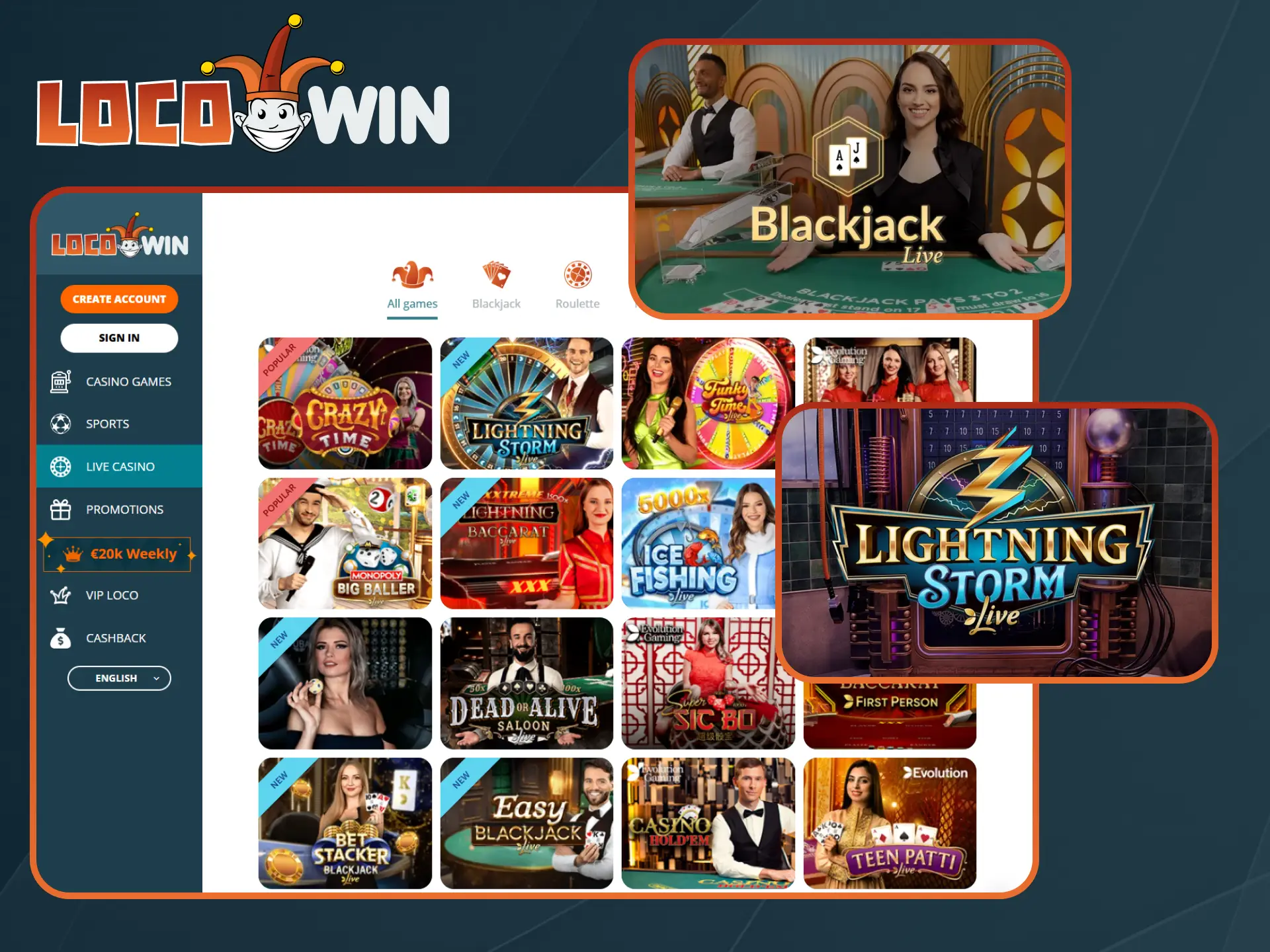 Erleben Sie Echtzeit-Action mit professionellen Dealern im Locowin Live Casino.