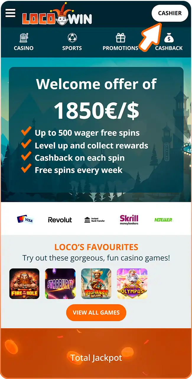 Dirígete a la sección de caja en el sitio web de Locowin.