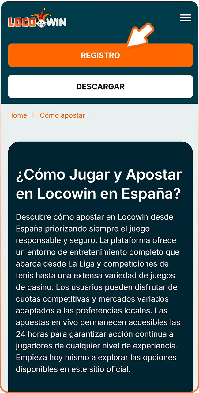 Accede al sitio oficial de Locowin para empezar.
