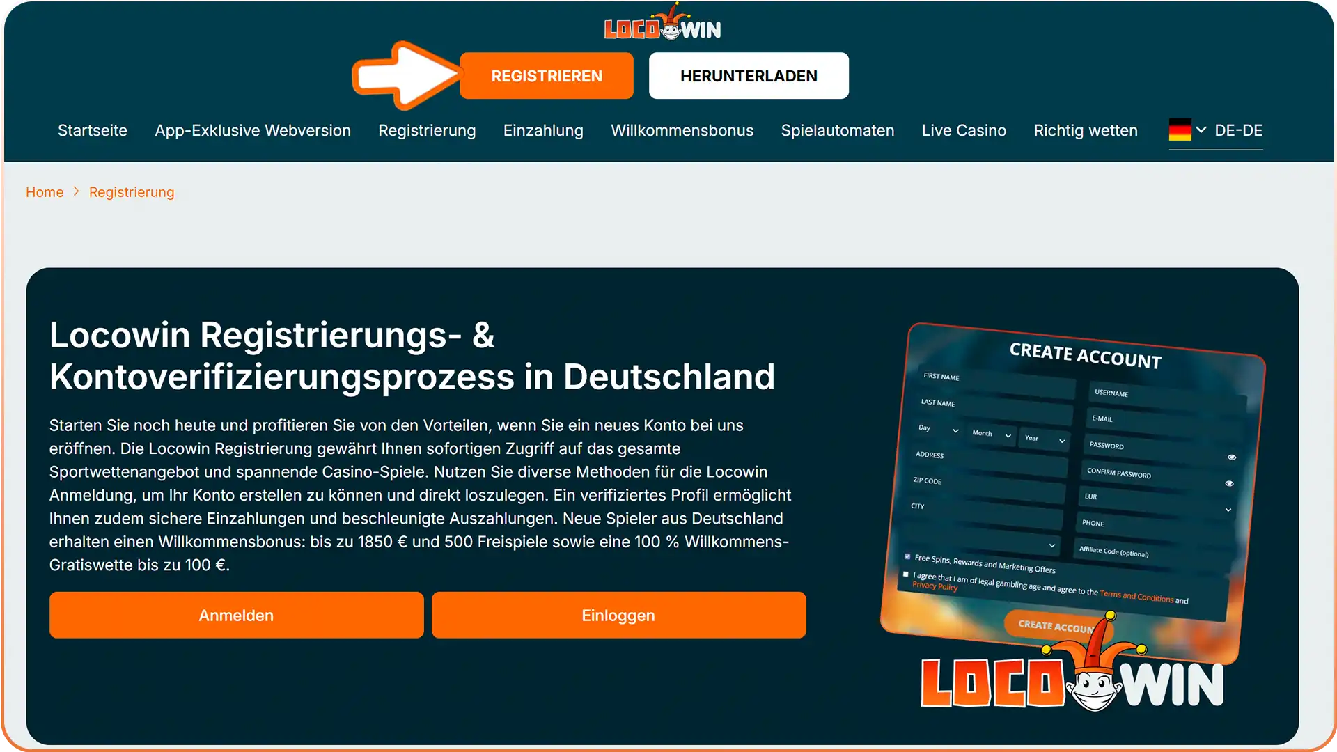 Starten Sie den Locowin Registrierungsvorgang jetzt sofort.